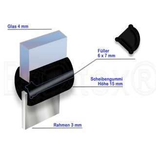 Bulktex® Qek Junior Fensterdichtung Scheibengummi Glas 4mm Blech 3 mm  H15mm